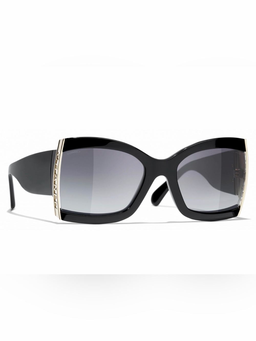 CHANEL Black Cat-Eye Sunglasses with Gold Accent and Gradient Gray Lenses